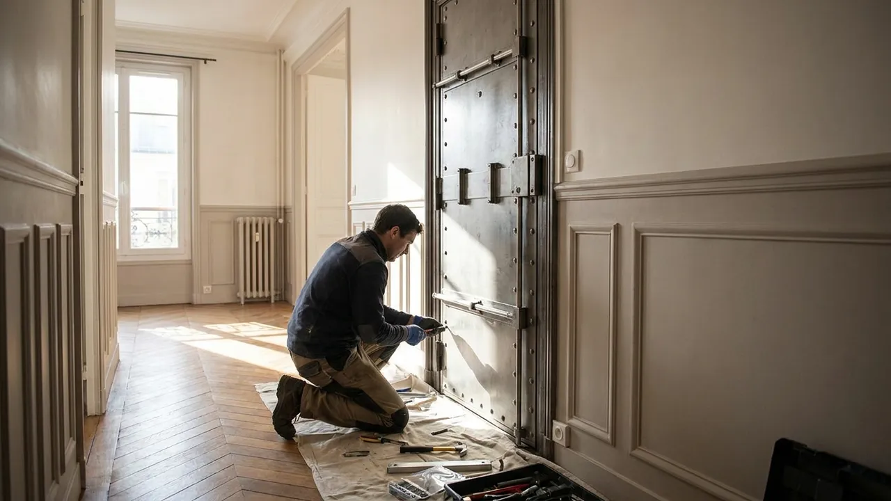 Pose d'un blindage sur une porte palière d'immeuble haussmannien dans le 12e arrondissement de Paris